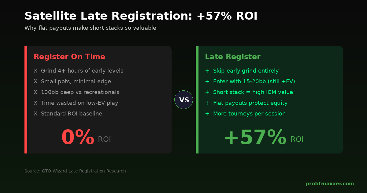 Satellite late registration comparison showing +57% ROI boost from late registering vs registering on time