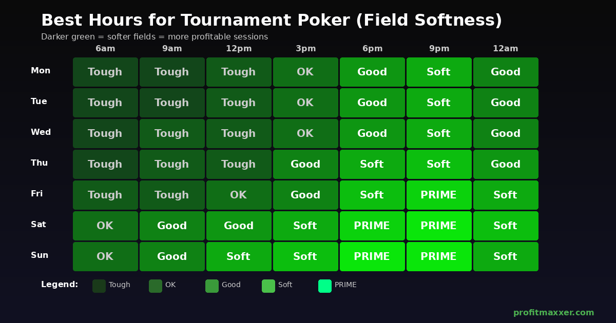 Heatmap showing best hours for tournament poker by day of week - weekday evenings and weekend afternoons are softest